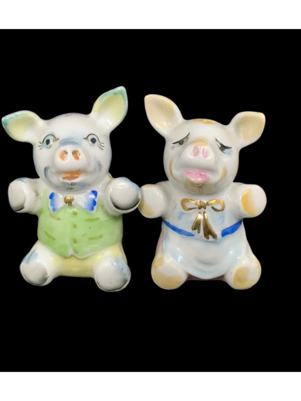 Pigs in Suit & Dress Salt & Pepper Shakers Pig Japan 3" Vintage NO Corks